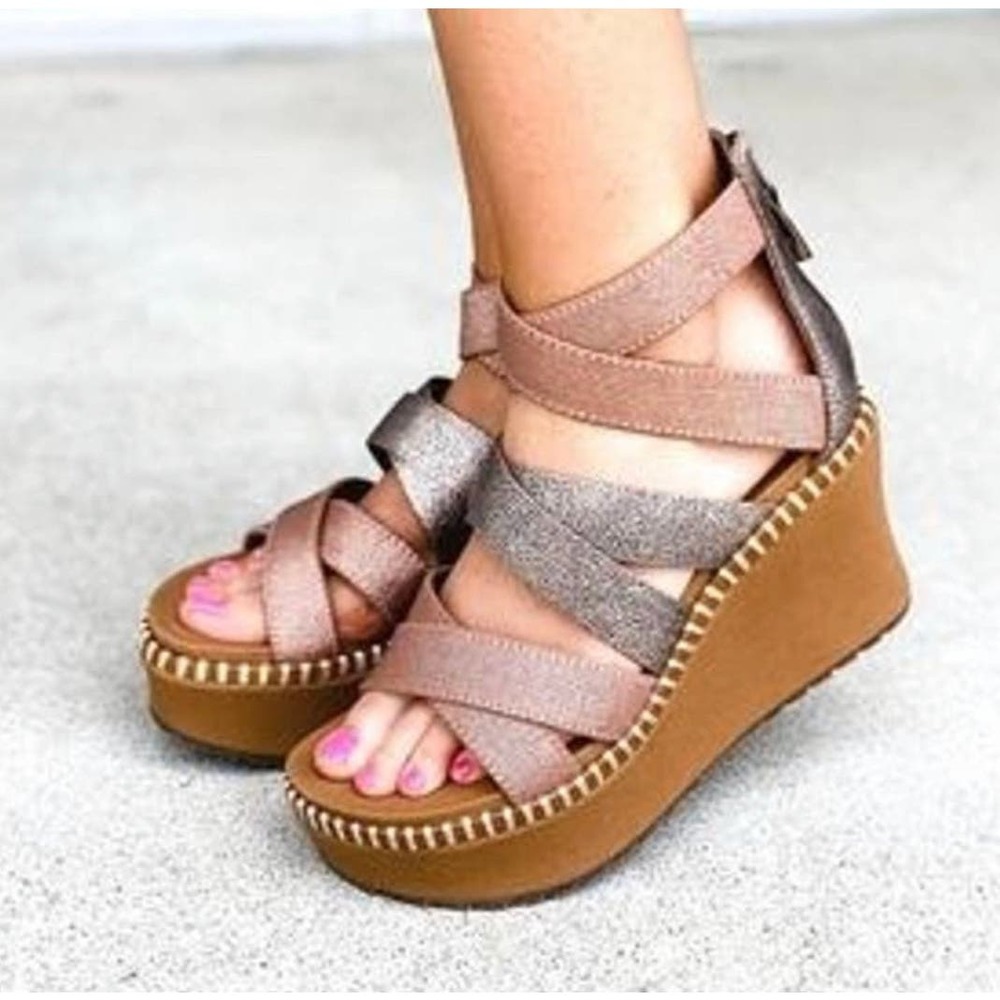 OTBT Pavilion Wedge Sandals Brown Tan Rose Gold Metallic
